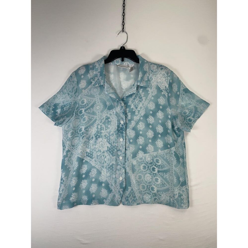 Alfred Dunner Blouse Womens 16 Blue Floral Button Front Short Sleeve Top